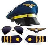 TK Gruppe Timo Klingler Juego de capitán piloto, carnaval para hombre disfraz con rayas en los hombros, gorra de piloto, insignia para...
